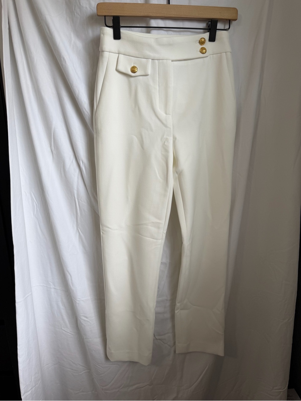 Veronica Beard Cream High-Waist Trousers with Gold Buttons